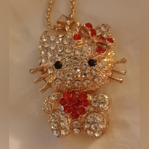 New Golden Crystal Bow Heart Kitty Necklace+Red Heart Wrapped Snake Earrings Set - Picture 3 of 15